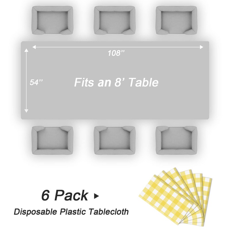 QIKSION Yellow Gingham Tablecloth Disposable 6 Pack, 54 x 108