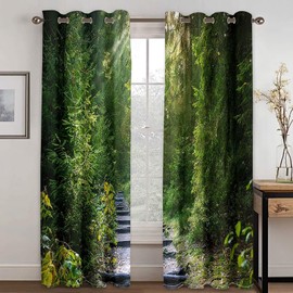 ANAZOZ Drapes for Living Room with Eyelet,2 x 38W x 63H IN,Drapes Blackout for Bedroom 2 Panel Trees and Path Landscape Curtains Green Blackout