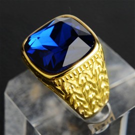 HIJONES Men's Gold Stainless Steel Simple Classic Square Gemstone Rings Blue Size Z+1