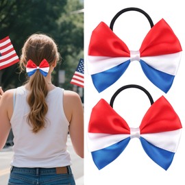 Totelux 4th of July Cheer Bows Hair Ties Red White Bowknot Hair Rubber Band Ponytail Holder Elastic Patriotic Hair Bow for Women Silk Satin Independence Day Hair Accessories