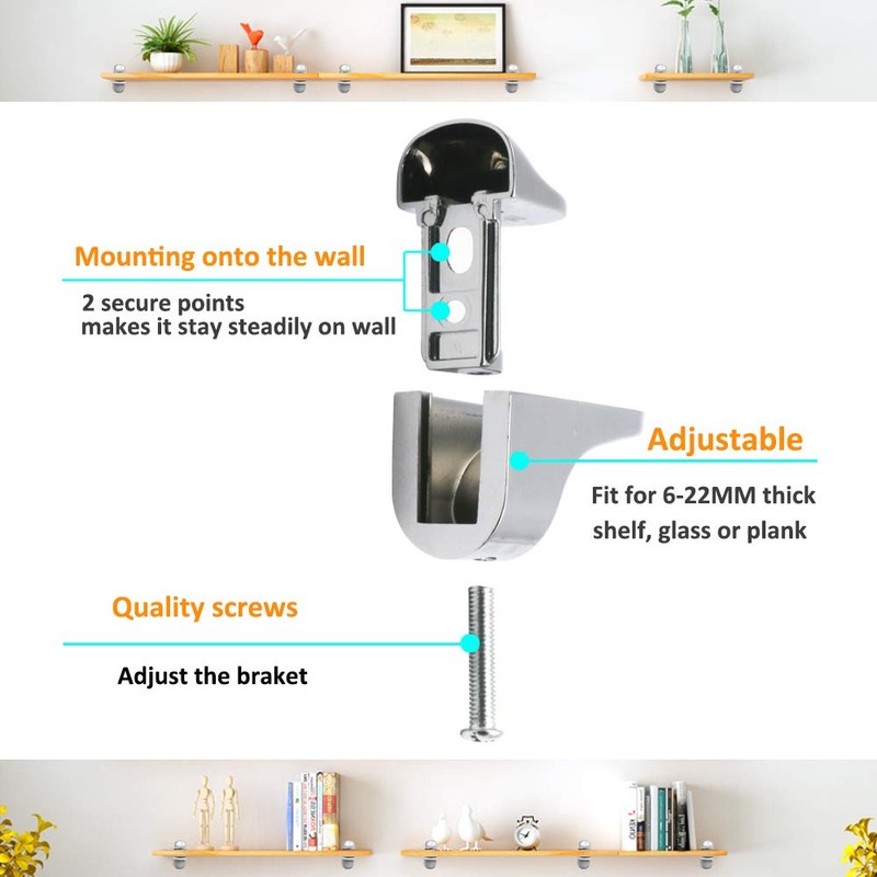 Adjustable Wood/Glass Shelf Bracket Wall Mount, Polished Chrome, 4 Pack