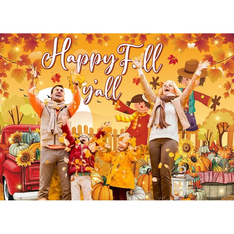 Happy Fall Y'all Banner Backdrop Autumn Harvest Pumpkin Maple Leaf