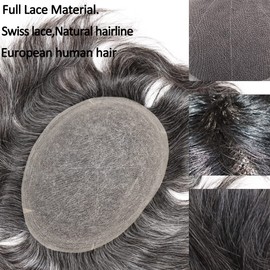 Lishy European Human Hair Toupee for Men Soft Full Swiss Lace Hair Replacement System Hairpieces 10"x8" Straight 1B Mixed 10% White Hair