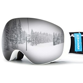 XCMAN OTG Ski Snowboard Snow Goggles Magnet PRO Dual Layer Lens Spherical Design Anti-Fog 100% UV Protection Anti-Slip Strap for Men Women and Youth (Silver-VLT14%)