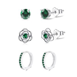3 Pairs Sterling Silver Stud Earrings Set for Multiple Piercing Small Cartilage Hoop Earring and Rose Flower Green Cubic Zirconia Studs Huggie Hoop Sleeper Earrings for Women Teen Girls Kids