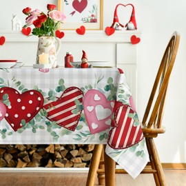 Horaldaily Valentine Tablecloth 60×120 Inch Rectangular, Red Heart Eucalyptus Buffalo Plaid Washable Seasonal Table Cover for Party Picnic Dinner Decor