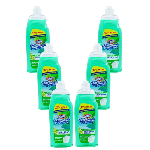 Clorox Fraganzia Liquid Dishwashing Soap Cuts Through Tough Grease Fast | Quick Rinsing formula Washes Away Germs | A Powerful Clean You Can Trust, Island Orchid Scent, 22 Ounces - 6 Pack