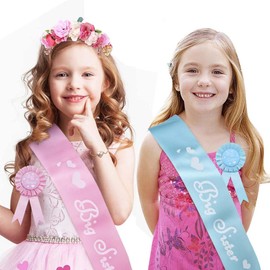 3 Pieces Big Sister Accessory Set, Include Big Sister Satin Sash, Badge Pin and Flower Crown for Baby Shower Party (Pink)