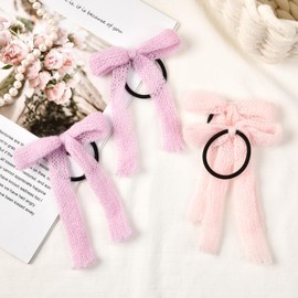 Aileam 4 Pcs Mohair Hair Bows Mohair knitted Ribbon Hair Tie Velvet Ponytail Holder Elastics Accessories Hair Bow for Women Girls Toddlers Teens Kids Purple Pink