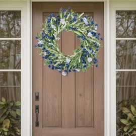26" Spring Wreaths for Front Door Artificial Floral Wreath with Wildflowers Portulaca CHEAWRTZ Summer Easter Decorations for Indoor Outdoor Window Wall Farmhouse Home Front Porch Decor Blue