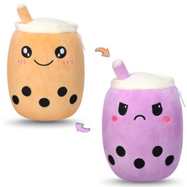 GDGZT Wenden Bubble Tea Cuddly Toy, Cute Bubble Tea Plush Toy, Mood Cuddly Toy, Flip Bubble Tea Cushion for Girls and Boys, Kawaii Cuddly Toy Gift for Children and Adults (Brown & Purple)