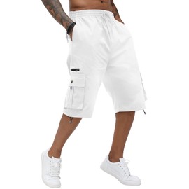 Mens Cargo Shorts Cotton Elastic Waist Capri Knee Length Multi Pocket Pants, White