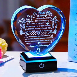 YWHL 10th Anniversary Crystal Gifts with Colorful LED Base Laser Engraved Heart 10th Wedding Anniversary Keepsake Gift for Couples Parents Romantic 10 Years of Marriage Gifts for Wife Husband