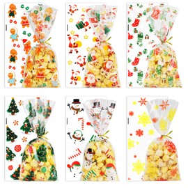Christmas Cellophane Treat Bags, 150 PCS Christmas Candy Bags, Christmas Treat Bags, 6 Styles Christmas Xmas Goodie Bags Gifts Bags with Twist Ties for Winter Christmas Party Favor Supplies