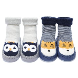 Adorel Baby Socks Non-Slip Slippers Lined 2 Pairs, blue hamster grey owl