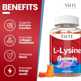 L-Lysine 1000mg Gummies - Supports Skin, Lip, Vegan, Gluten Free, Vitamins for Adults Tissue Health & Immune System, Chewables, Amino Acid Vitamin Supplement & Complex Supplements, Non-GMO