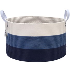 Sea Team Extra Large Size Cotton Rope Woven Storage Basket with Handles, Laundry Hamper, Trunk Organizer, Clothes Toys Bin for Kid's Room, 22 x 13 inches, Round Open Design, Off White & Navy Blue