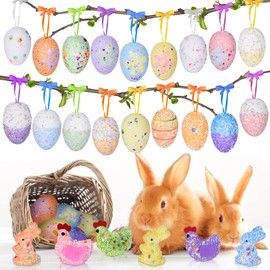 FORMIZON Pack of 24 Easter Eggs in Great Colours, Easter Home Decorations, Easter Eggs with Ribbon, Chick Rabbit Egg, Easter Eggs Decoration for Easter Party Decorations and Children's Gift