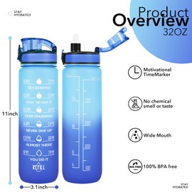 32 oz Water Bottles with Straw & Strap, Motivational Water Bottles with Times to Drink, BPA Free Reusable Sports Water Bottle with Sleeve Carrier for Hiking, Travel, Running or Fitness (Sunflowers)