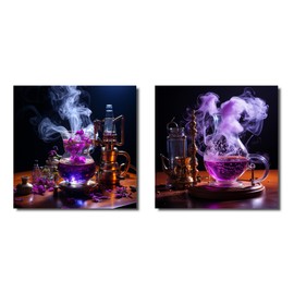 DesignQ overszied Traditional Canvas Wall Decor Set - Large Purple Canvas Wall Art - Samba De Siphon With Tea Set Of 2-33x16 Inches -Multipanel Coffee Canvas Set