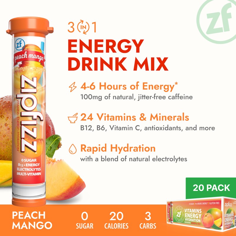 Zipfizz Daily Energy Drink Powder, Peach Mango, 20 Pack |