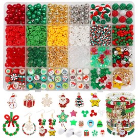 Christmas Beads for Bracelet Making Kit, Clay Beads Green Red Star Beading Set with Jingle Bell, Snowman Xmas Tree Present Charms Pendants for Jewelry Making, DIY Craft Arts Christmas Gifts