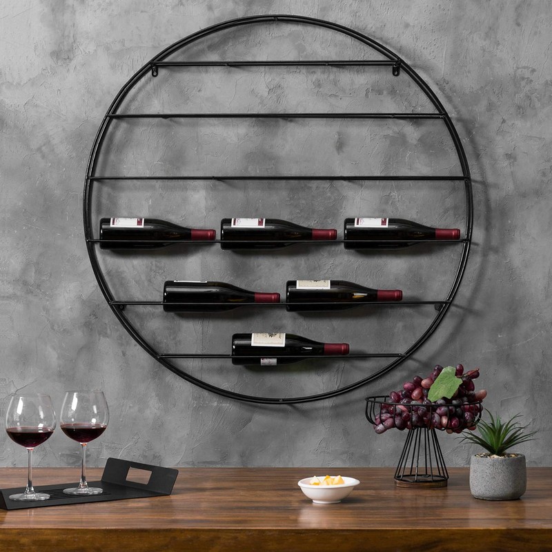 MyGift 12 Bottle Modern Black Metal Round Wall Mounted Wine