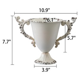 SOFE Farmhouse Urn Vases for Home Decor, Shabby Chic White 8 Inch Metal Flower Vase, Vintage Vases for Table Centerpieces, Trumpet Vase for Kitchen, Entryway, Dining Room