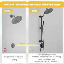 BESy Shower Arm Brass, 10 Inch Round Rainfall Shower Head with Handheld Spray Combo, Dual Showerhead Rain Set 2 Setting Hand Held Sprayer with Adjustable Slide Bar, 60 In Shower Hose, Matte Black
