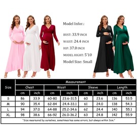 ZIUMUDY Maternity V Neck Wraped Maxi Dress Long Sleeve Maternity Gown for Wedding Photoshoot Baby Shower (Burgundy, Small)