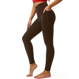 Omwilddo Women's High Waisted Yoga Leisure Leggings 25" Light Compression Butter Smooth Workout Legging Pants Side Pockets Coffee Brown M