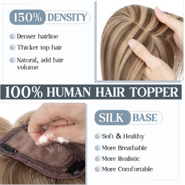 Benehair Human Hair Toppers for Women, Real Human Hair Topper with Fringe, Natural Clip in Hair Topper with Bangs, Hair Toppers for Thinning, 10 Inches Medium Brown Mixed Dark Blonde Hair #4P27