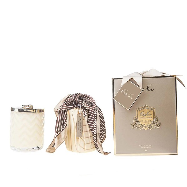 Cote Noire-Cream Herringbone Candle with Scarf Blonde Vanilla and Cream and Golden Bee Lid
