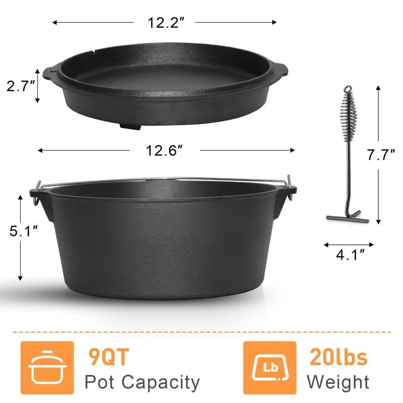 Camping Dutch Oven, 9 Qt Pre-Seasoned Camping Cookware Pot with