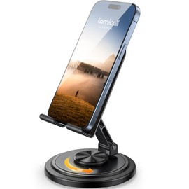 Lamicall Cell Phone Stand for Desk - [360° Rotation] Sturdy Adjustable Desktop Phone Holder, Foldable Mobile Stand, Office Desk Accessories Gifts for iPhone 17 16 15 14 Pro Max, Galaxy S26, Cellphone
