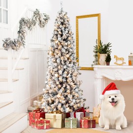 Annecy 6Ft Pre-Lit Flocked Pencil Christmas Tree, Artificial Fir Snow Slim Skinny Christmas Tree for Home, Office, Party Decoration w/ 618 Tips, 250 Warm White & Multi-Color Lights, Metal Hinges&Base