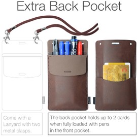Tintris Pocket Protector, 3 Pack Leather Pen Pencil Holder Pouch Organizer for Men Pocket Shirt Lab Coat Small Tools, Designed with a Lanyard & an Extra Back Pocket, Thick PU Leather, Chestnut