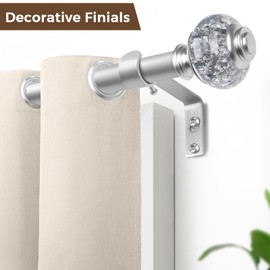 1 Inch Curtain Rods 72 to 144 Inches (6 to 12 ft) Telescoping Single Drapery Rod, USFOOK Heavy Duty Curtain Rods for Windows with Silver Decorative Translucent Finials