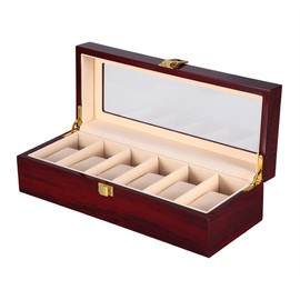 Uten Watch Box, 6 Slot Watch Case, Watch Holder with Glass Lid, Wooden Watch Case with Removable Watch Pillow, Metal Clasp Watch Display., brown,peach,clear
