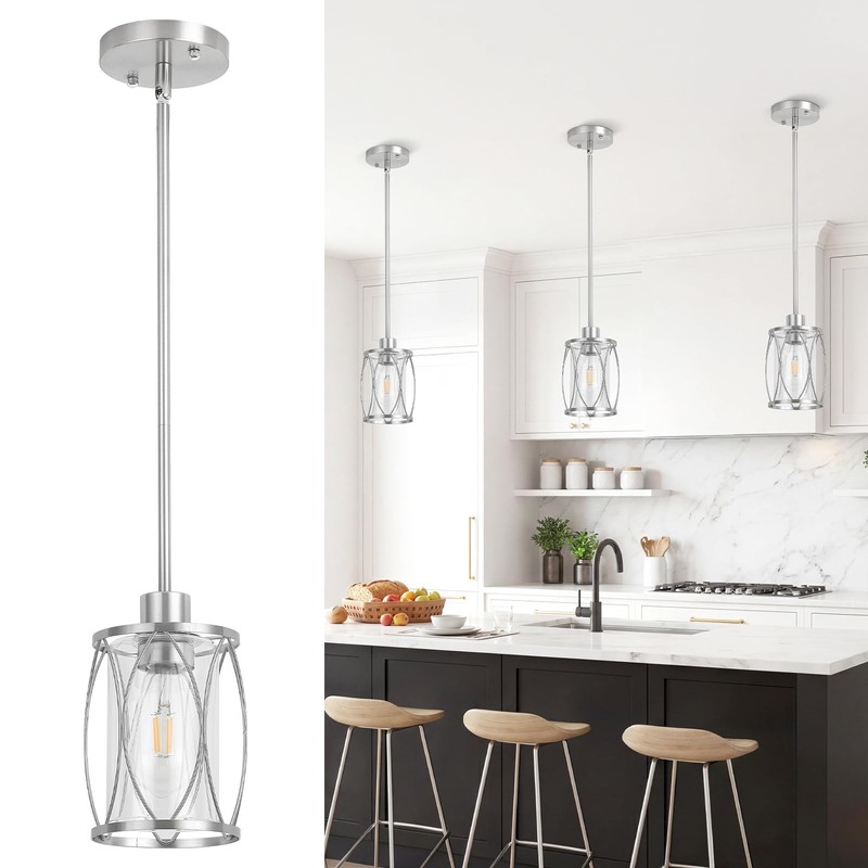 ElilyGiA Glass Pendant Lights Kitchen Island Brushed Nickel Pendant Light