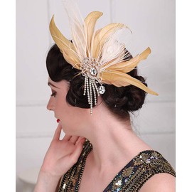 Anglacesmade 1920s Flapper Feather Hair Clip Crystal Tassel Roaring 20s Yellow Feather Headpiece Masquerade Great Gatsby Hair Accessories for Women and Girls