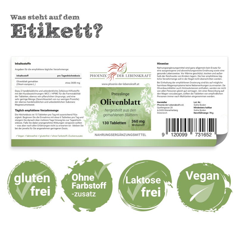 Phoenix der Lebenskraft Olivenblatt Tabletten 360mg | 130 Tabletten Oleum