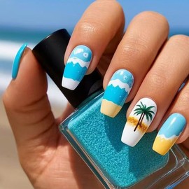 24 Pcs Summer Press on Nails Medium Coffin Square,LINMEIZAI Blue Fake Nails Press ons Beach Waves Nail Tips Glue on Nails Full Cover Acrylic Nail Art Kit False Nails with Coconut Tree Design for Women