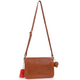 Gigi - Women's Small Leather Cross Body Handbag - Flap Over Shoulder Bag With Adjustable Strap - With Heart Keyring Charm - GIOVANNA 8948 - Tan