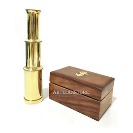 Brass Handheld Telescope, Functional Vintage Replica Telescope, Kids Pirate Navigation with Anchor Wooden Box (Fully Brass), Handcrafted Portable Collapsible Marine Spyglass Collectible Décor, 6”