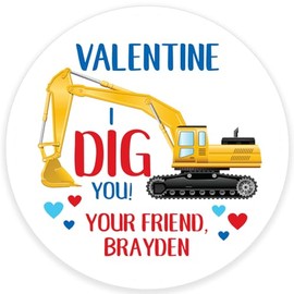 I Dig You Valentines Day Stickers, Kids Construction Valentines Day Cards, Treat Bag Stickers, Classroom Valentines - Set of 24 Stickers