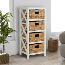 eHemco 4 Tier X-Side End Storage Cabinet with 4 Wicker Baskets, White