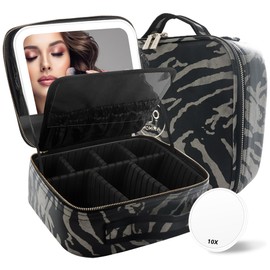 MOMIRA Makeup Train Case Makeup Bag with Light up Mirror Cosmetic Bag Organizer Detachable Portable Travel Makeup Case with Adjustable Dividers Makeup Brushes Storage, Waterproof,Zebra-Beige