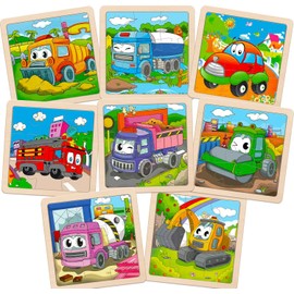 Wooden Puzzles for Toddlers, 8 Pack Vehicle Car Construction Jigsaw Puzzles for Kids Ages 3-5, 9 Pieces Puzzles for Kids Ages 4-6 Preschool Learning Activities, Educational Toys Gift for Boys