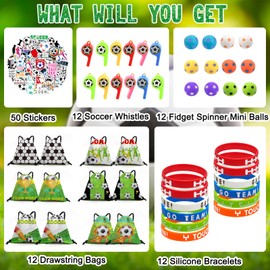 Nigifter 98 PCS Soccer Party Favors, Soccer Goodie Bags for boys, Soccer Party Decorations Supplies for Kids include Soccer Drawstring Bags, Whistles, Stickers, Fidget Spinners and Silicone Bracelets